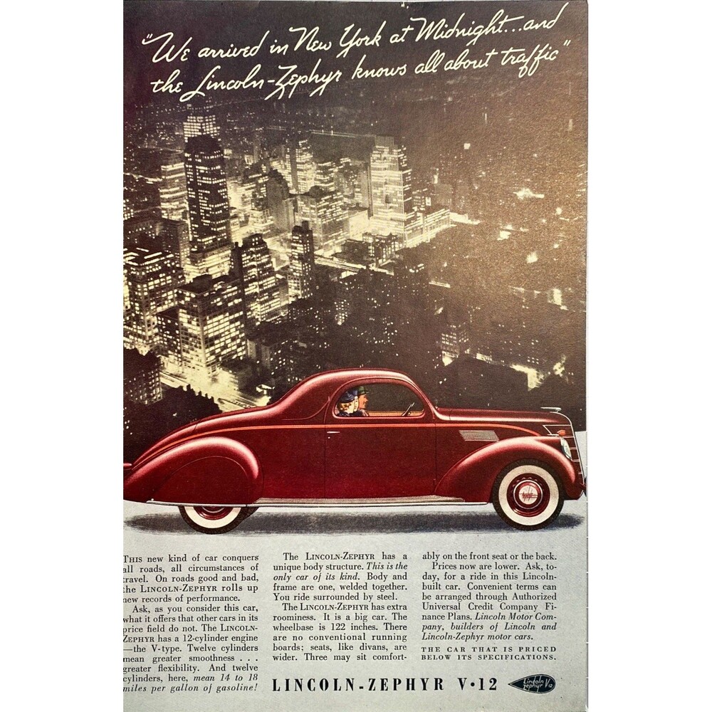 Lincoln Zephyr V-12 "Artwork: Car Driving in New York at Midnight" Print Ad 1937